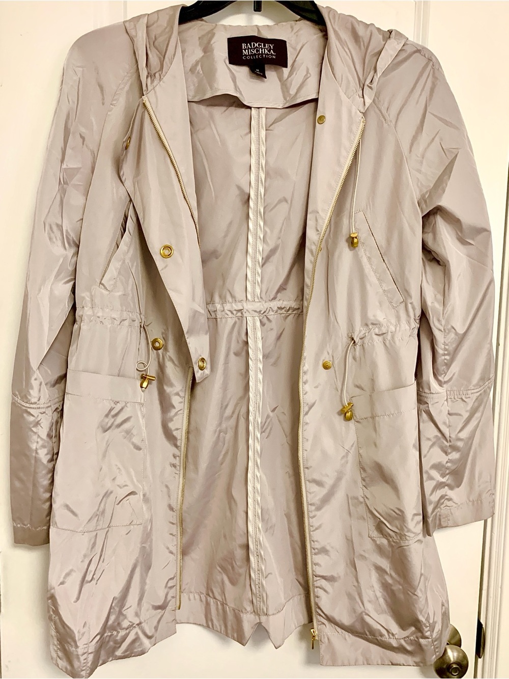Badgley Mischka Light Taupe Hooded Utility Rain Parka Size M